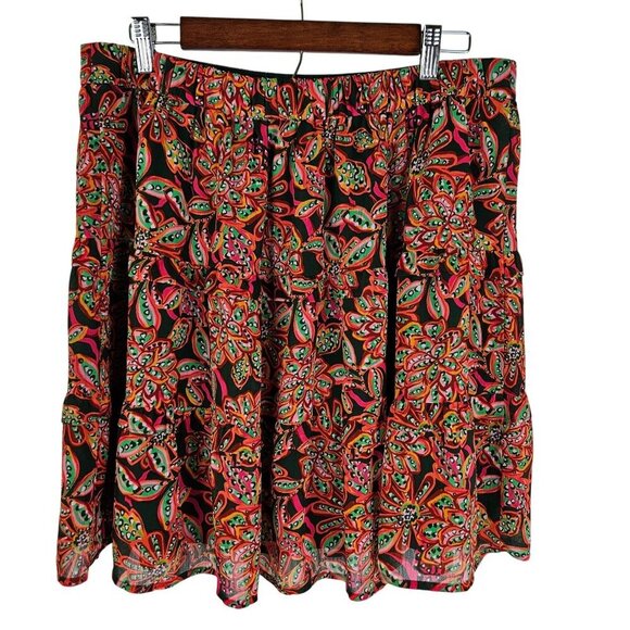 J. Crew Floral Boho Pink Green Print Skirt Large Tired Ruffle Knee Length Flowy - Picture 1 of 9